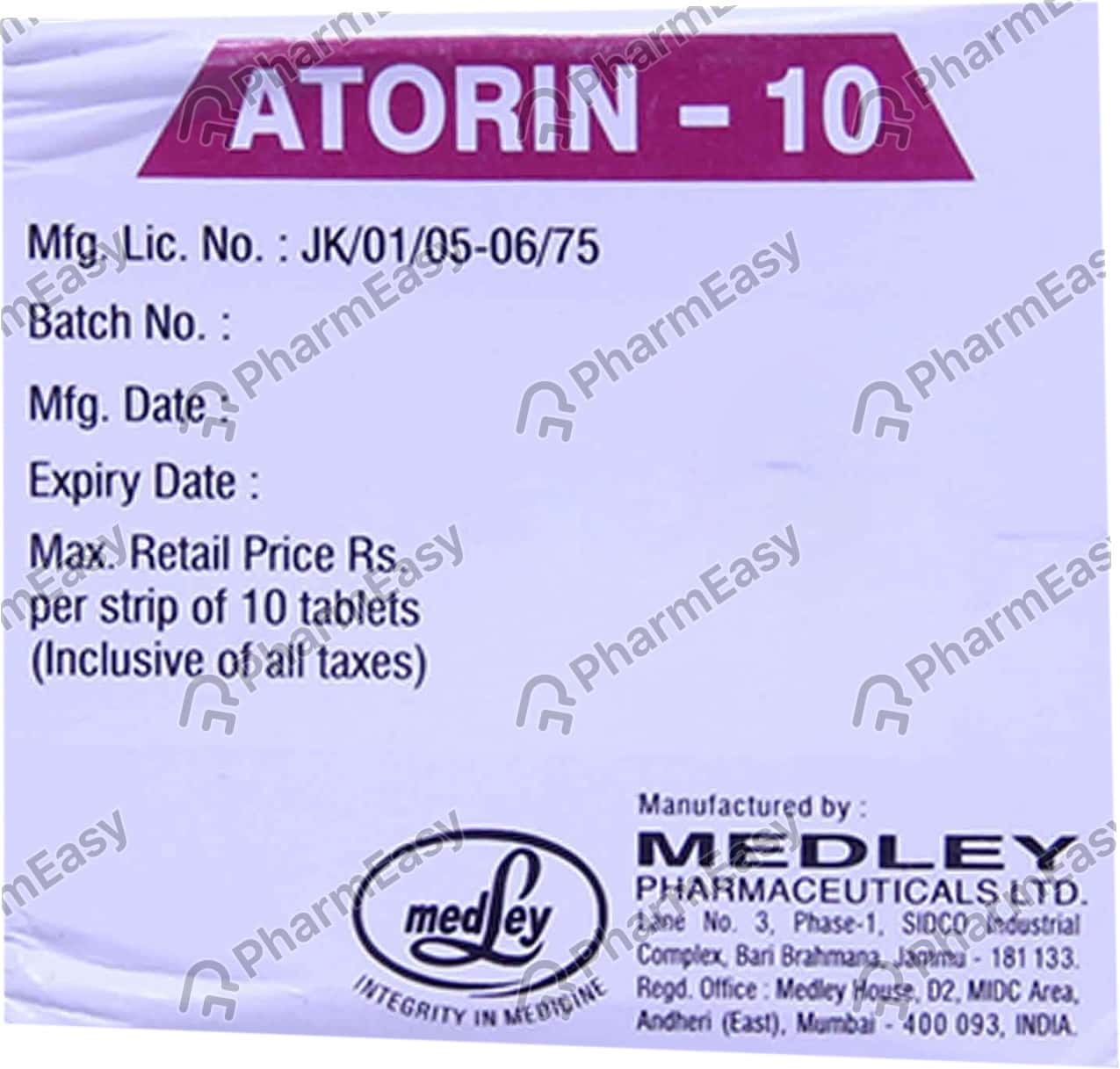 Atorin 10 MG Tablet (10): Uses, Side Effects, Price & Dosage | PharmEasy