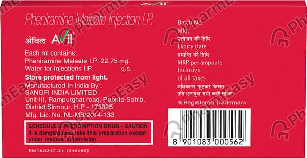 Avil 22.75mg Ampoule Of 2ml Injection