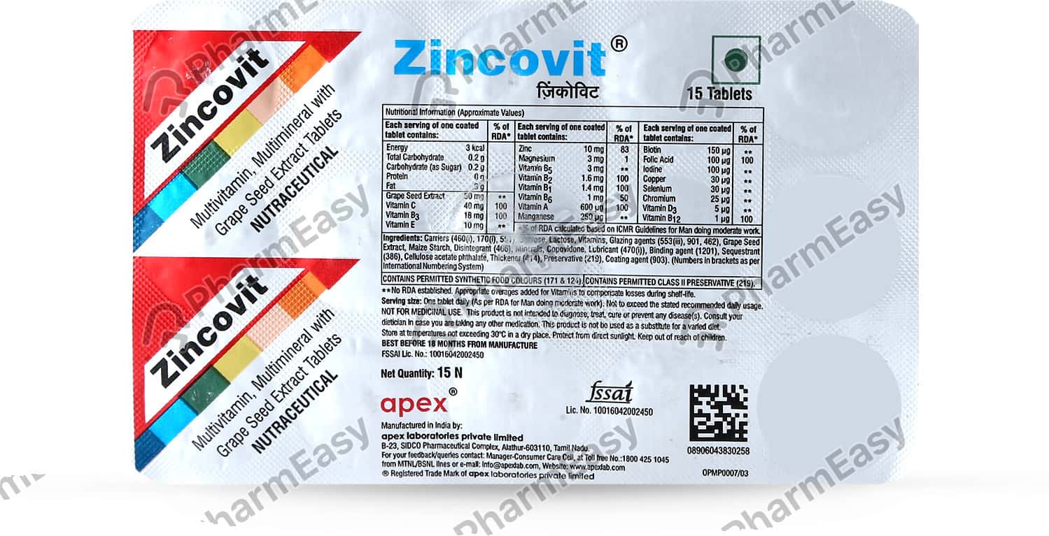 Zincovit Strip Of 15 Tablets (Green) Uses, Side Effects, Price, Dosage
