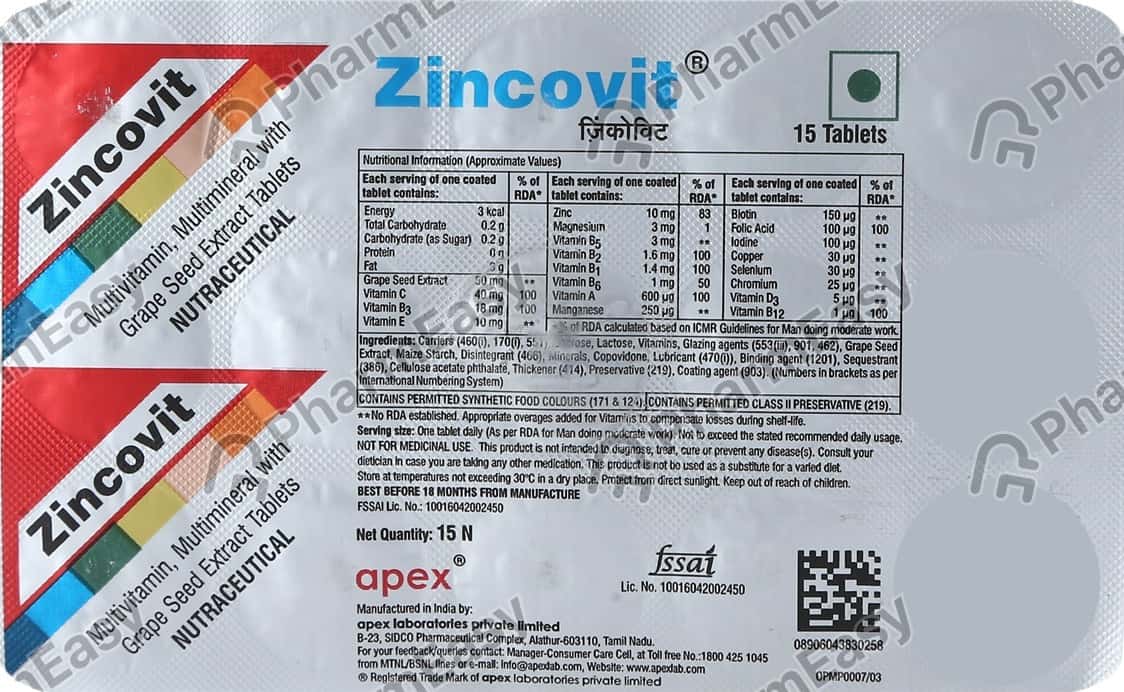 Zincovit Strip Of 15 Tablets (Green) Uses, Side Effects, Dosage