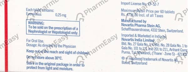 Certican 0.25mg Strip Of 10 Tablets