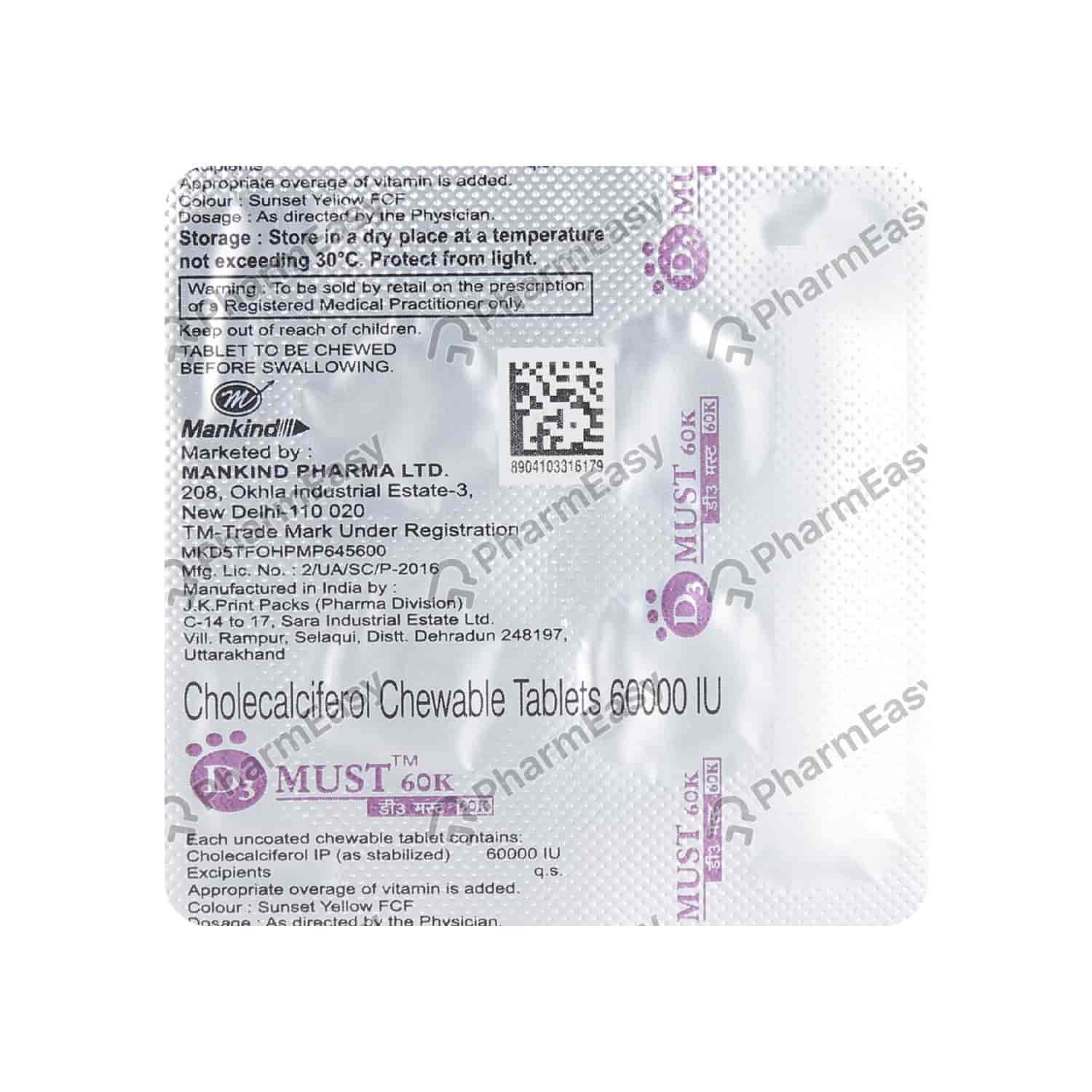 D3 Must 60k Orange Flavour Sugar Free Tablet 4'S Uses, Side Effects