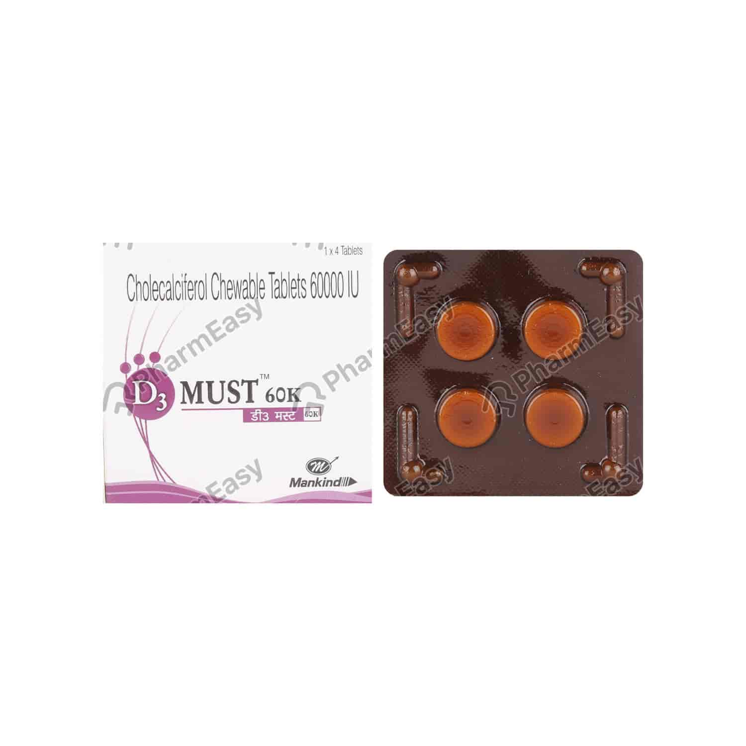 D3 Must 60k Orange Flavour Sugar Free Tablet 4'S Uses, Side Effects