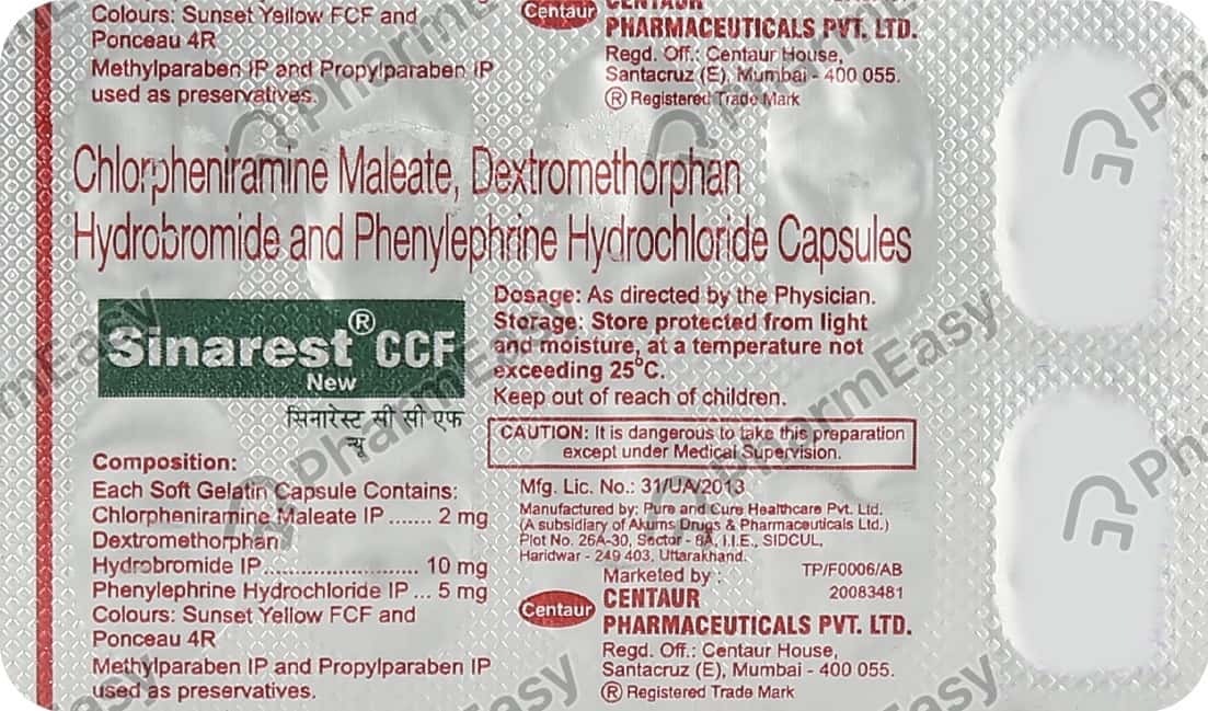 Sinarest Ccf New Strip Of 10 Capsules Uses, Side Effects, Price