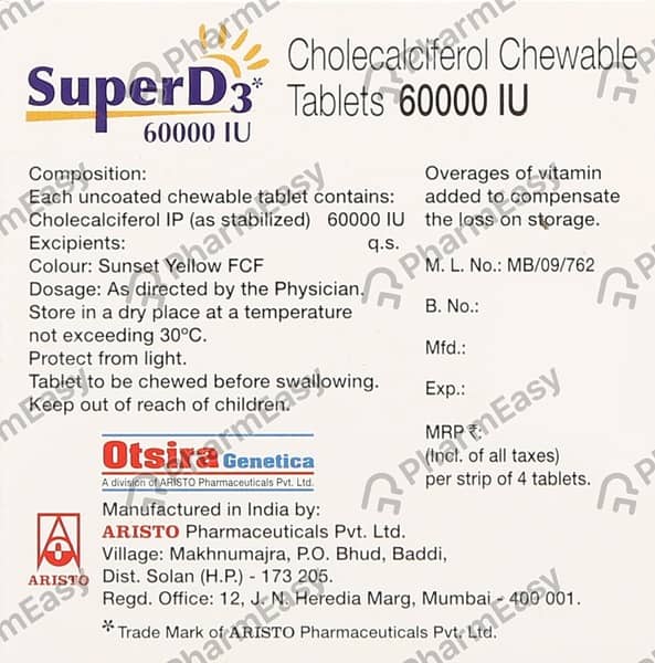 Super D3 60000iu Sugar Free Strip Of 4 Chewable Tablets