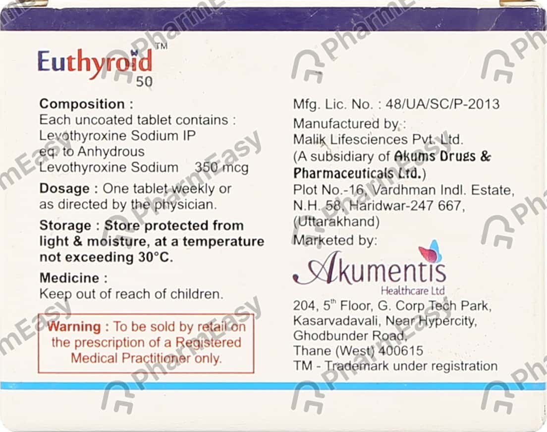 Euthyroid 50 MCG Tablet (4) Uses, Side Effects, Price & Dosage PharmEasy