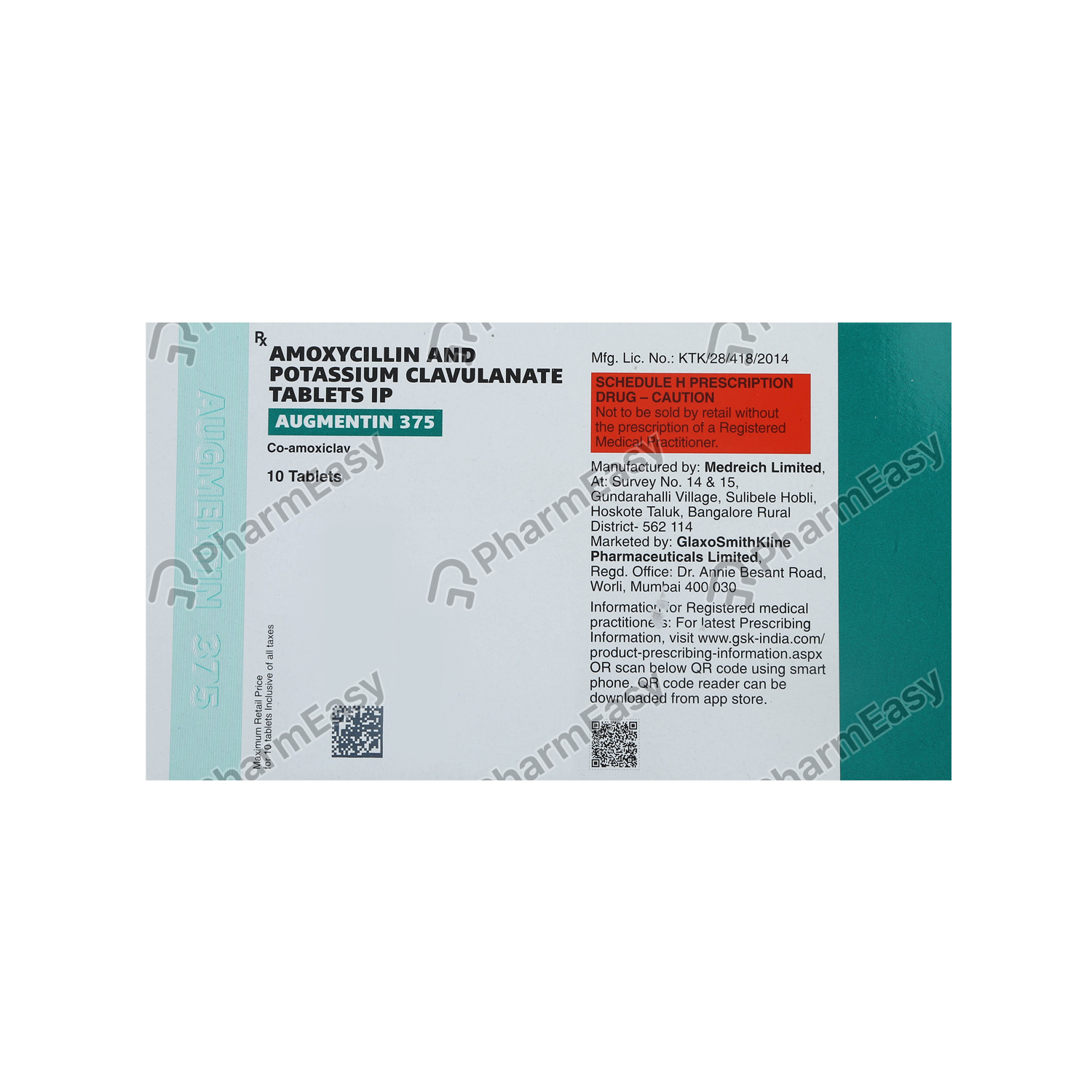 Augmentin 375mg Tablet 10'S Uses, Side Effects, Dosage, Composition