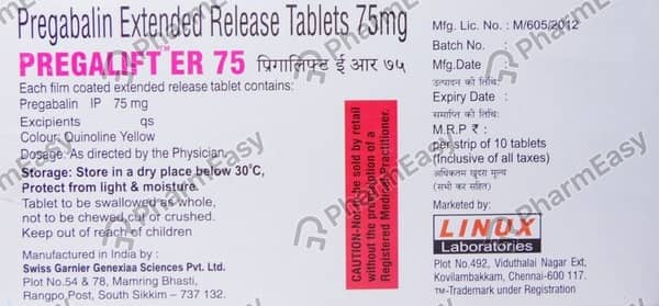 प्रेगालिफ्ट इआर 75एमजी की स्ट्रिप 10 टैबलेट्स