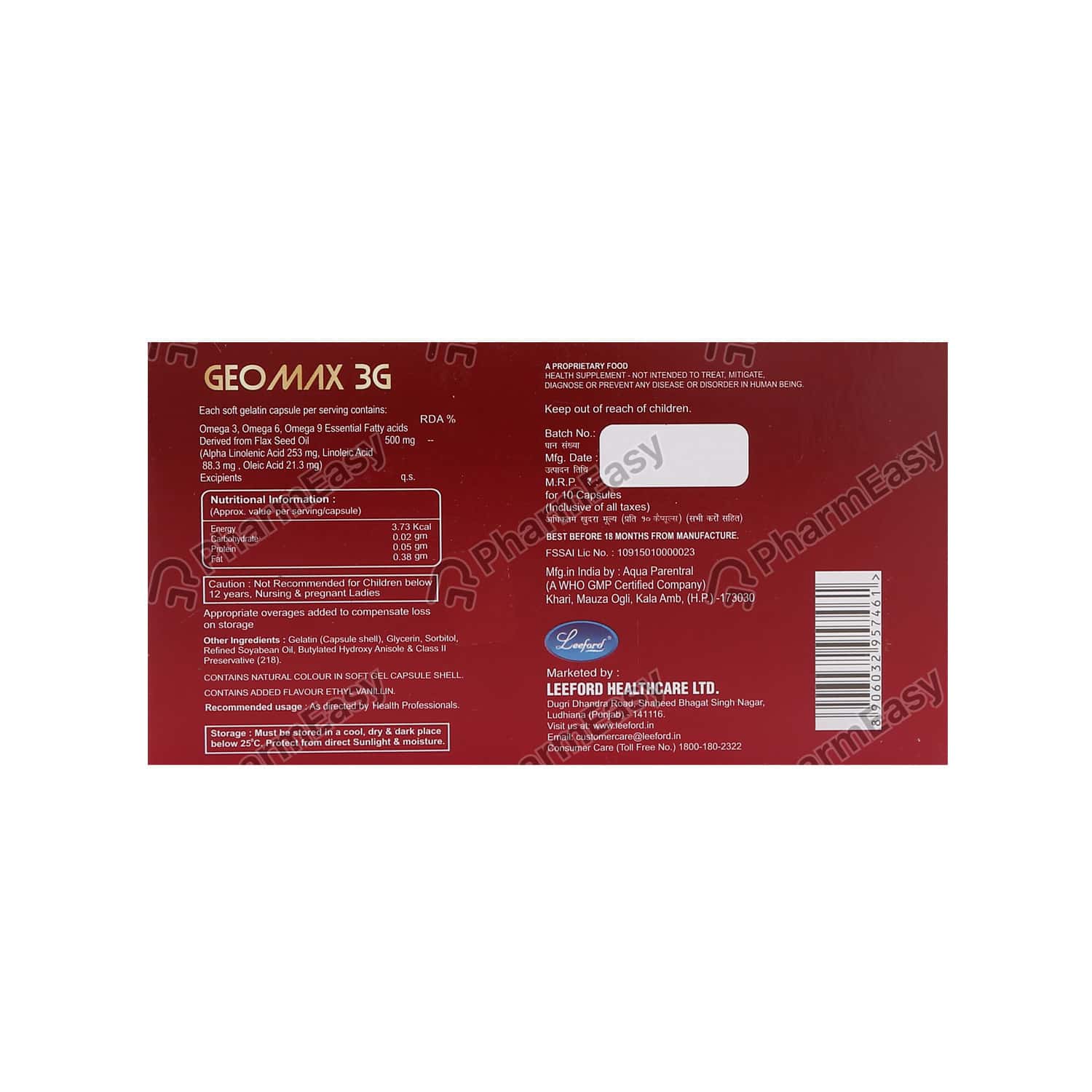 Buy Geomax 3g 500 MG Capsule (10) Online at Flat 18% OFF* | PharmEasy