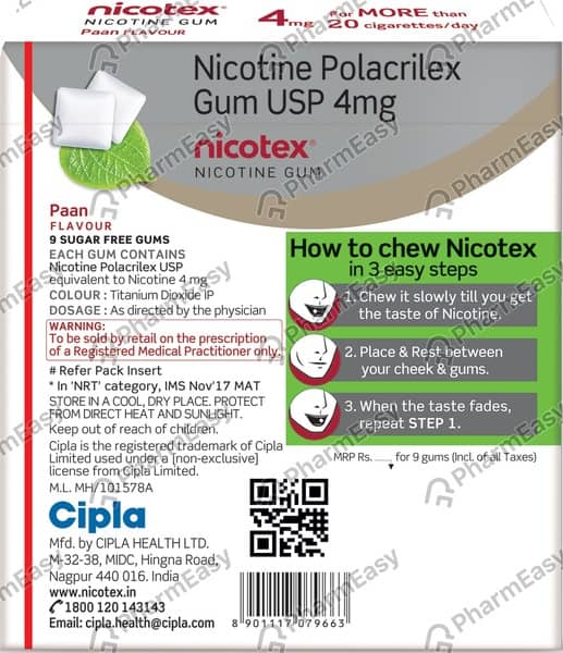 Nicotex 4mg Paan Flavour Sugar Free Strip Of 9 Chewing Gums