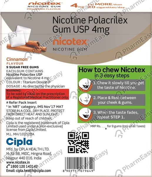Nicotex 4mg Cinnamon Flavour Sugar Free Strip Of 9 Chewing Gums