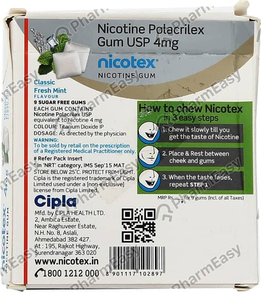 Nicotex 4mg Sugar Free Classic Fresh Mint Strip Of 9 Chewing Gums
