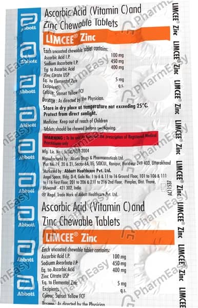 Limcee Zinc Orange Flavour Strip Of 15 Chewable Tablets