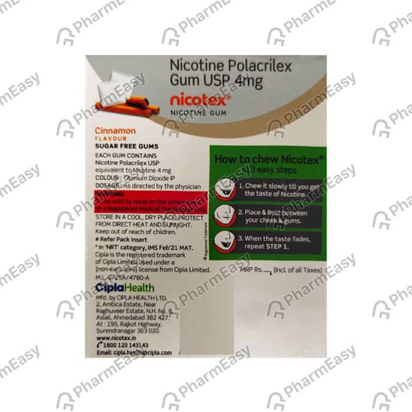 Nicotex 4mg Cinnamon Flavour Sugar Free Strip Of 12 Chewing Gum