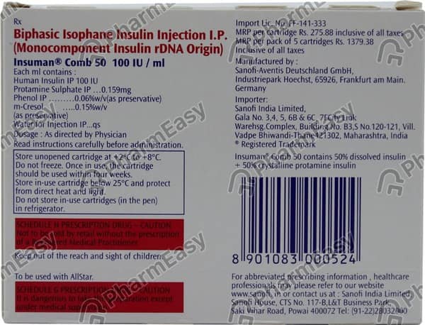 Insuman Comb 50 100iu Cartridge Of 3ml Injection