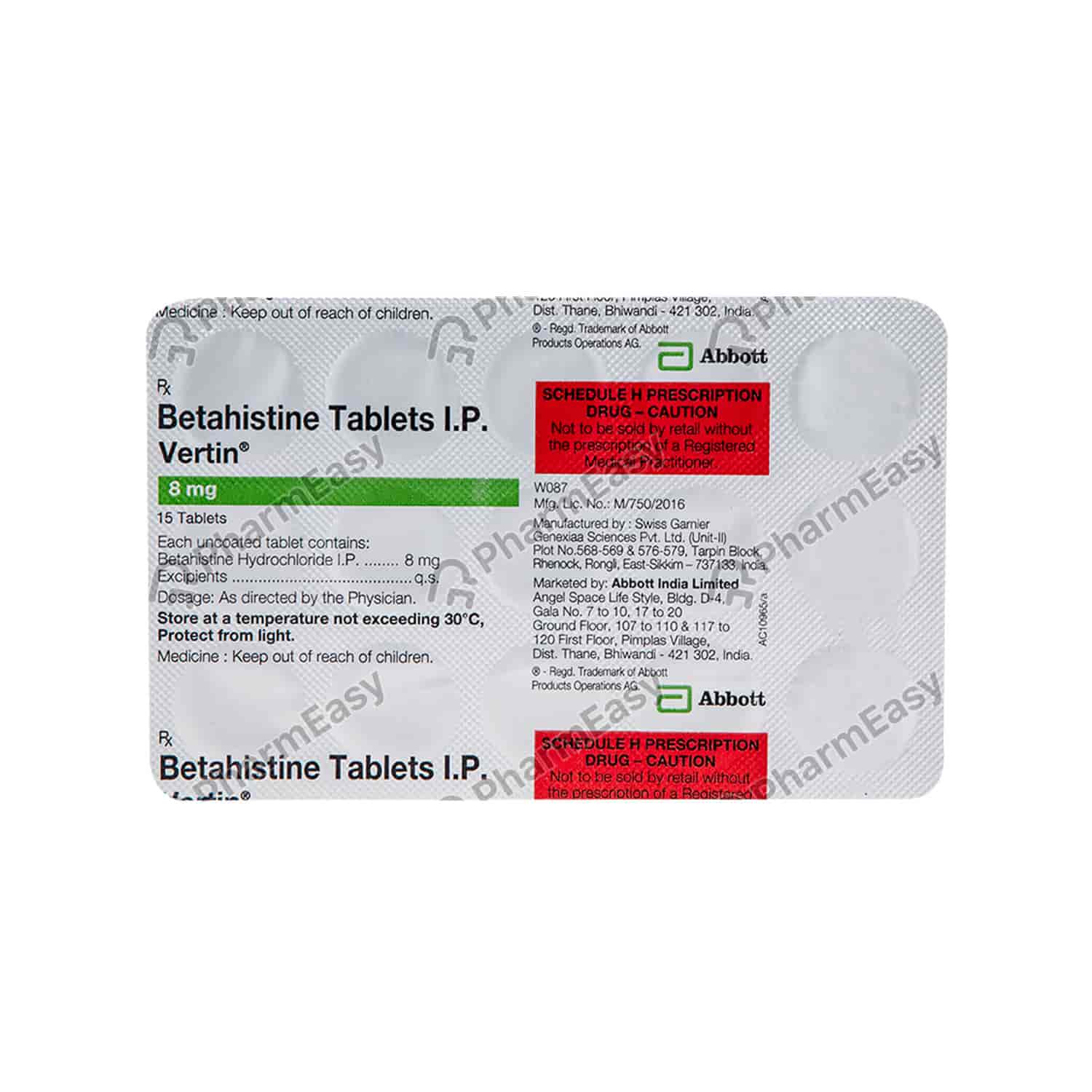 Vertin 8mg Tab 15'S Uses, Side Effects, Dosage, Composition & Price