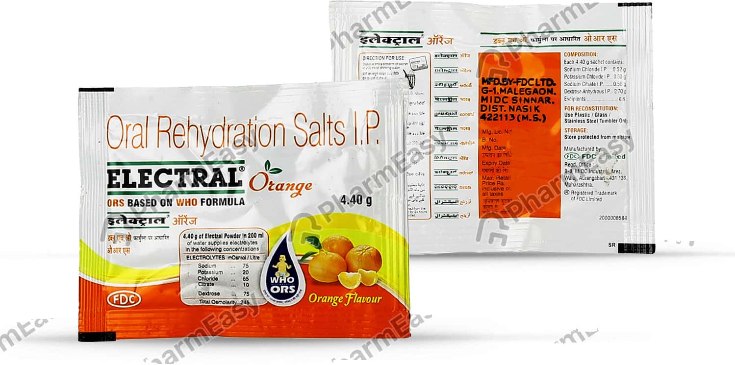 Electral Orange Flavour Sachet Of 4.4gm Powder Uses, Side Effects