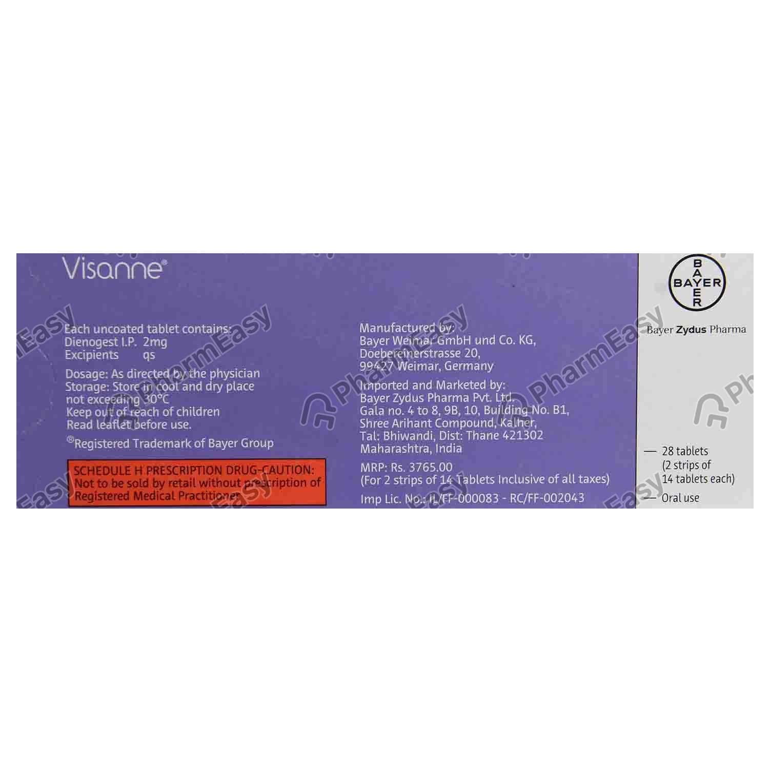 Visanne 2 Mg Tablet 28 Uses Side Effects Price Dosage Composition Pharmeasy
