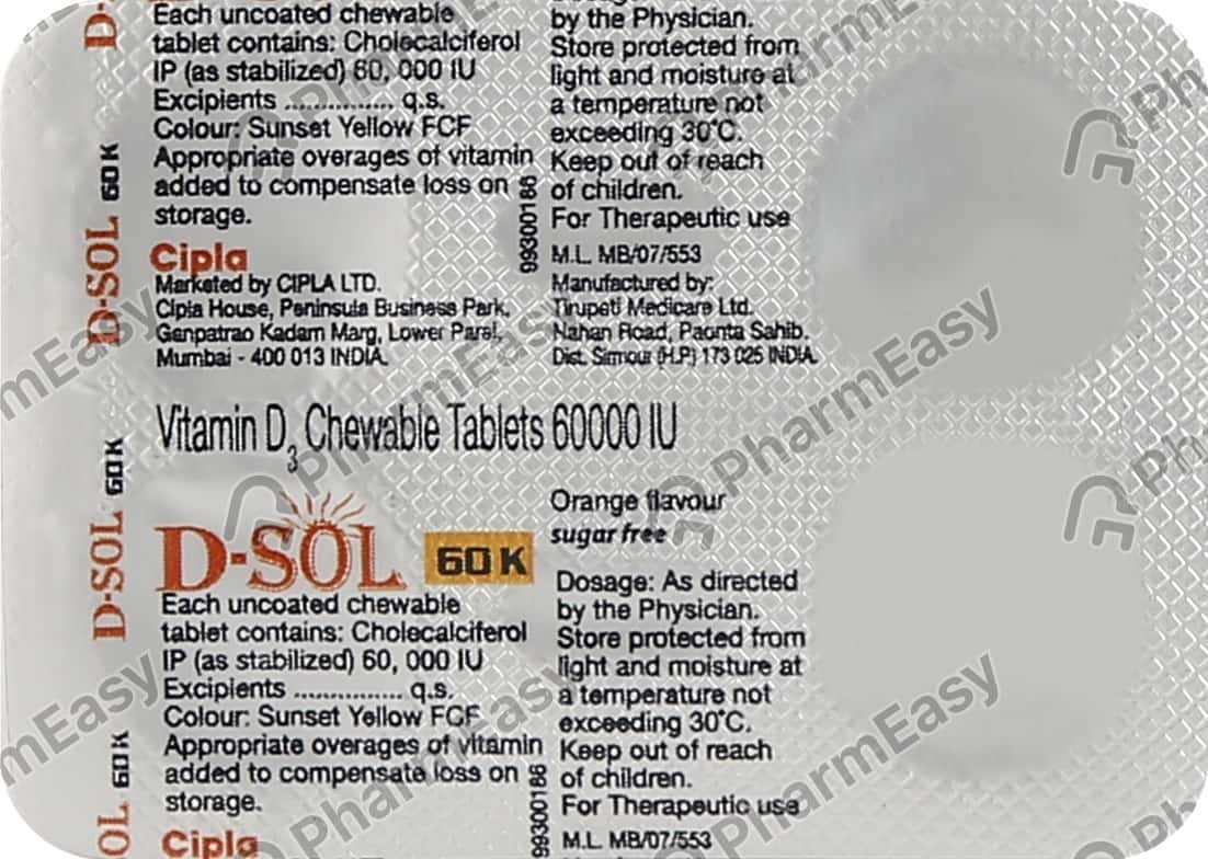 D Sol 60000 IU Chewable Tablet (4) Uses, Side Effects, Price & Dosage