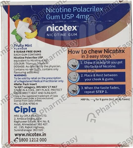 Nicotex 4mg Fruity Mint Flavour Sugar Free Strip Of 9 Chewing Gum