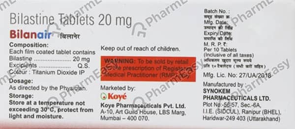 Bilanair 20mg Strip Of 10 Tablets
