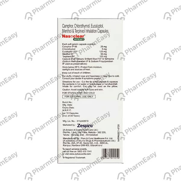 Nasoclear Vasocaps Strip Of 10 Inhalation Capsules