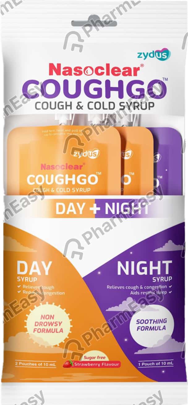 Nasoclear Coughgo Strawberry Flavour Sugar Free Day/Night Pouch Of 10ml Syrup( Pack Of 3)