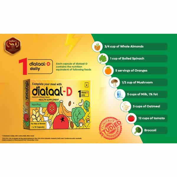 Diataal-D Multivitamin | Vit. D & Ala | Sustained Energy | Heart Health | 10 Capsules | Men & Women
