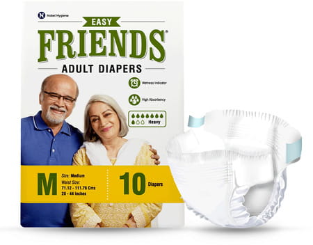 Friends Easy Adult Diapers Tape Style 10 Count (M) Waist Size 71.12-111.76 Cms(28-44 Inch)