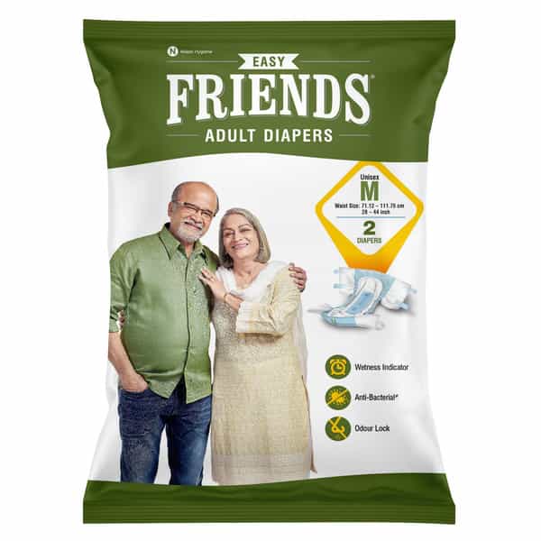 Friends Easy Adult Diapers Tape Style, High Absorbency Anti-Bacterial Core, 2 Count (M) Waist 27.56- 49.21 Inch