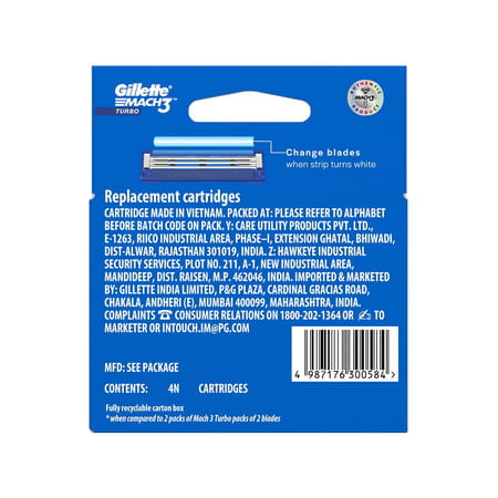Gillette Mach 3 Turbo Manual Shaving Razor Blades Packet Of 4 (Cartridge)