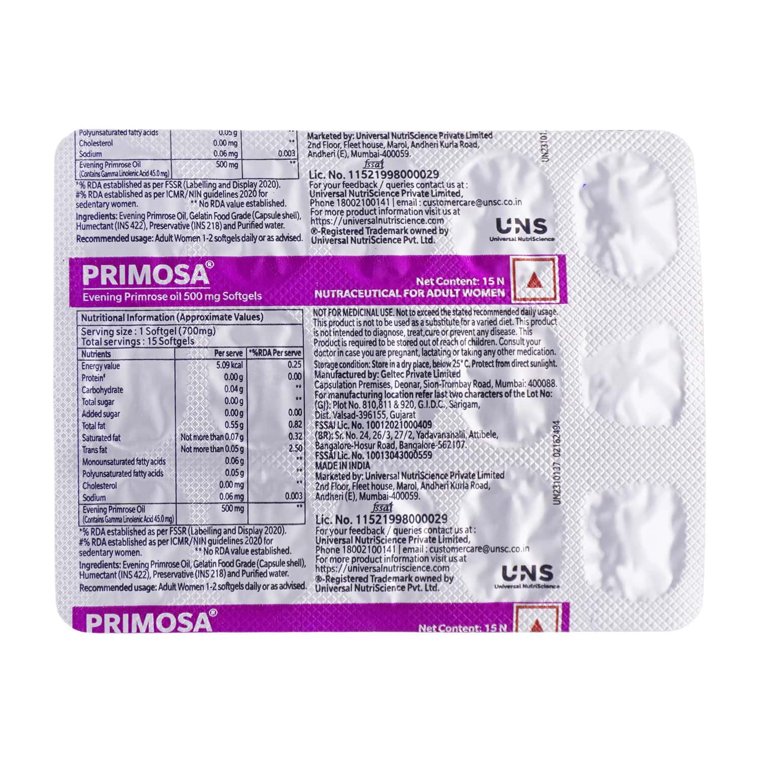 Primosa 500 Mg Evening Primrose Oil Nutritional Supplement For Pms & Mastalgia Strip Of 15 Softgels