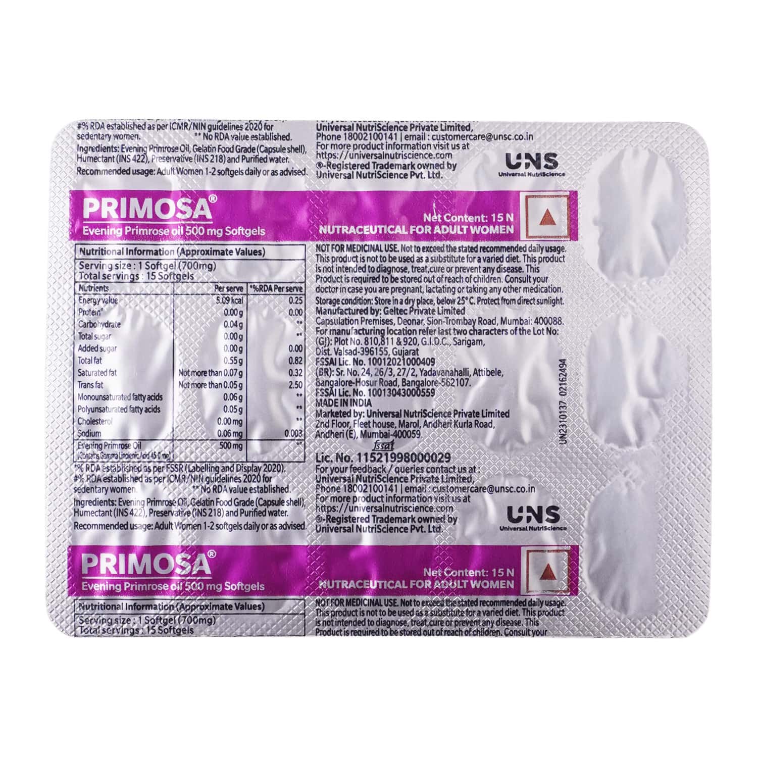 Primosa 500 Mg Evening Primrose Oil Nutritional Supplement For Pms & Mastalgia Strip Of 15 Softgels