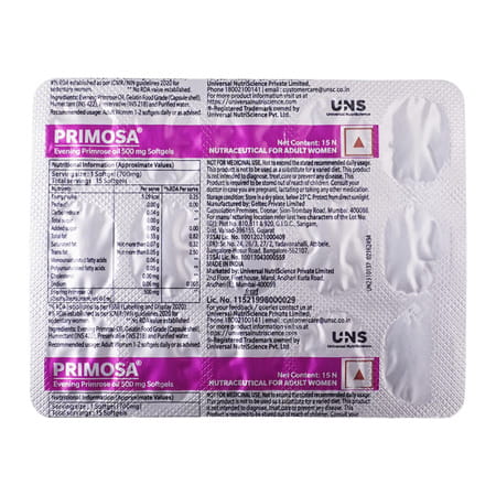 Primosa 500 Mg Evening Primrose Oil Nutritional Supplement For Pms & Mastalgia Strip Of 15 Softgels