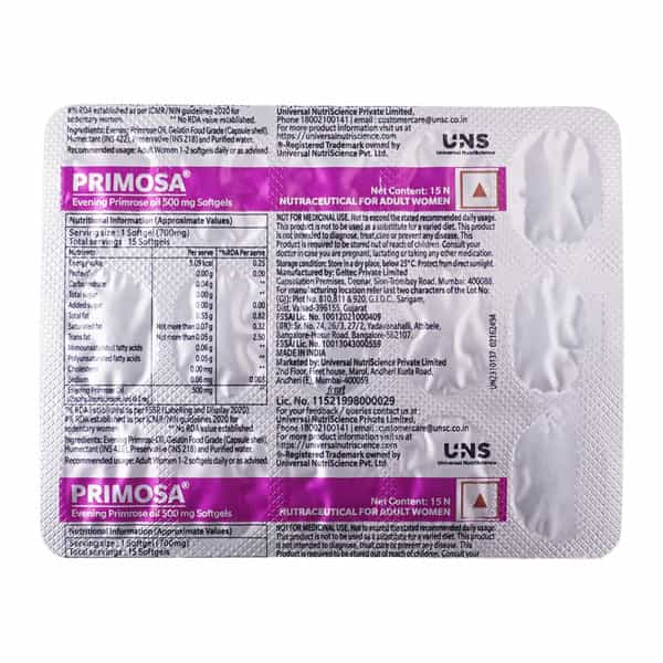 Primosa 500 Mg Evening Primrose Oil Nutritional Supplement For Pms & Mastalgia Strip Of 15 Softgels