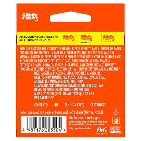 Gillette Fusion Manual Shaving  Razor Blades  Packet Of 8 (Cartridge)