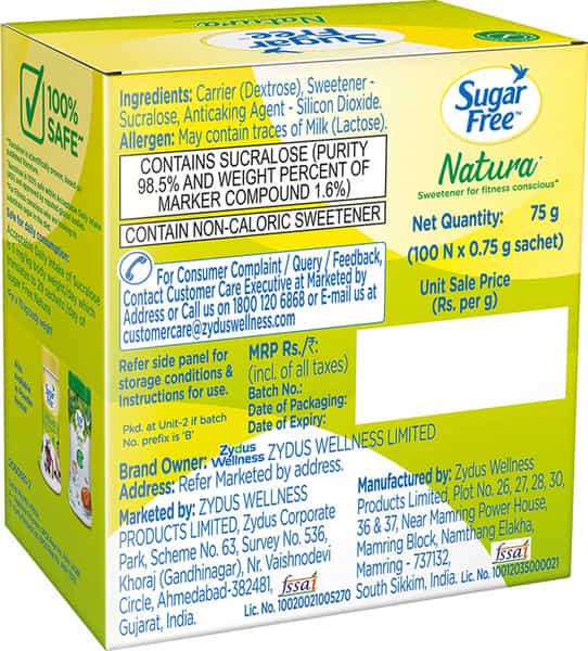 Sugar Free Natura 100 Sachet Sweetener Sachets Box Of 100 'S