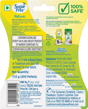 Sugar Free Natura Sweetener Bottle Of 200 Pellets