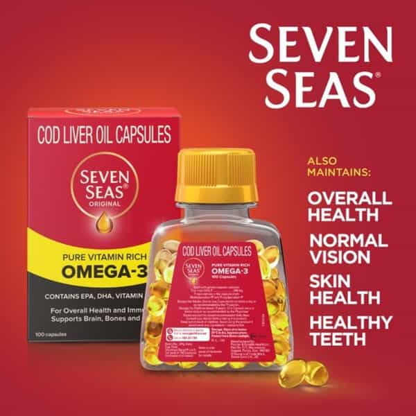 Seven Seas Original Cod Liver Oil | For Immunity |Brain | Bone Health | Pure Omega 3 | 100 Capsules