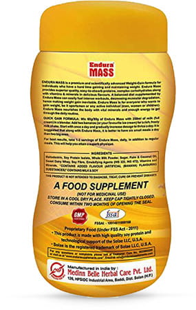 Endura Mass Banana Flavour Weight Gainer Jar 500 Gm