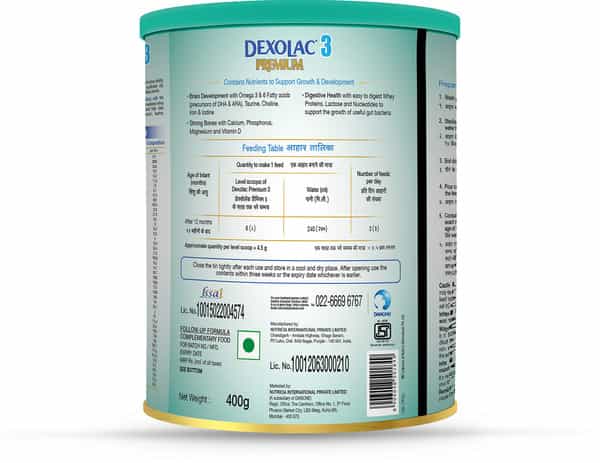 Dexolac Premium Stage 3 Follow-Up Infant Formula (After 12 Months Upto 24 Months) Tin Of 400 G