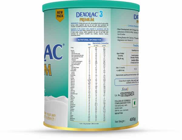 Dexolac Premium Stage 3 Follow-Up Infant Formula (After 12 Months Upto 24 Months) Tin Of 400 G