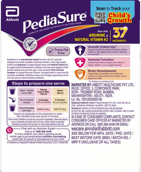 Pediasure Complete Balanced Nutrition To Help Kids Growth Kesar Badam Box 200 Gm