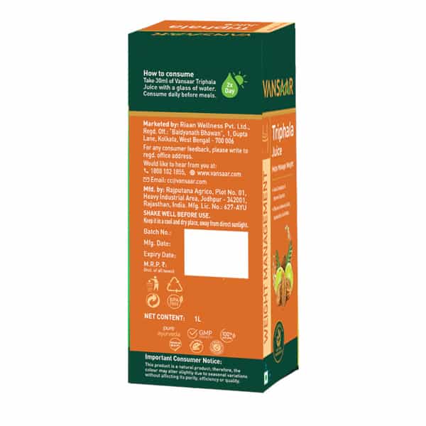 Vansaar Triphala Juice - Promotes Digestive Health & Bowel Movement|No Added Sugar - 1 Ltr