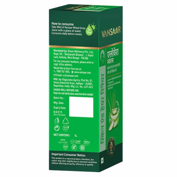 Vansaar Aloe Vera Juice - Improves Skin And Hair Health|No Preservatives Or No Added Sugar - 1L