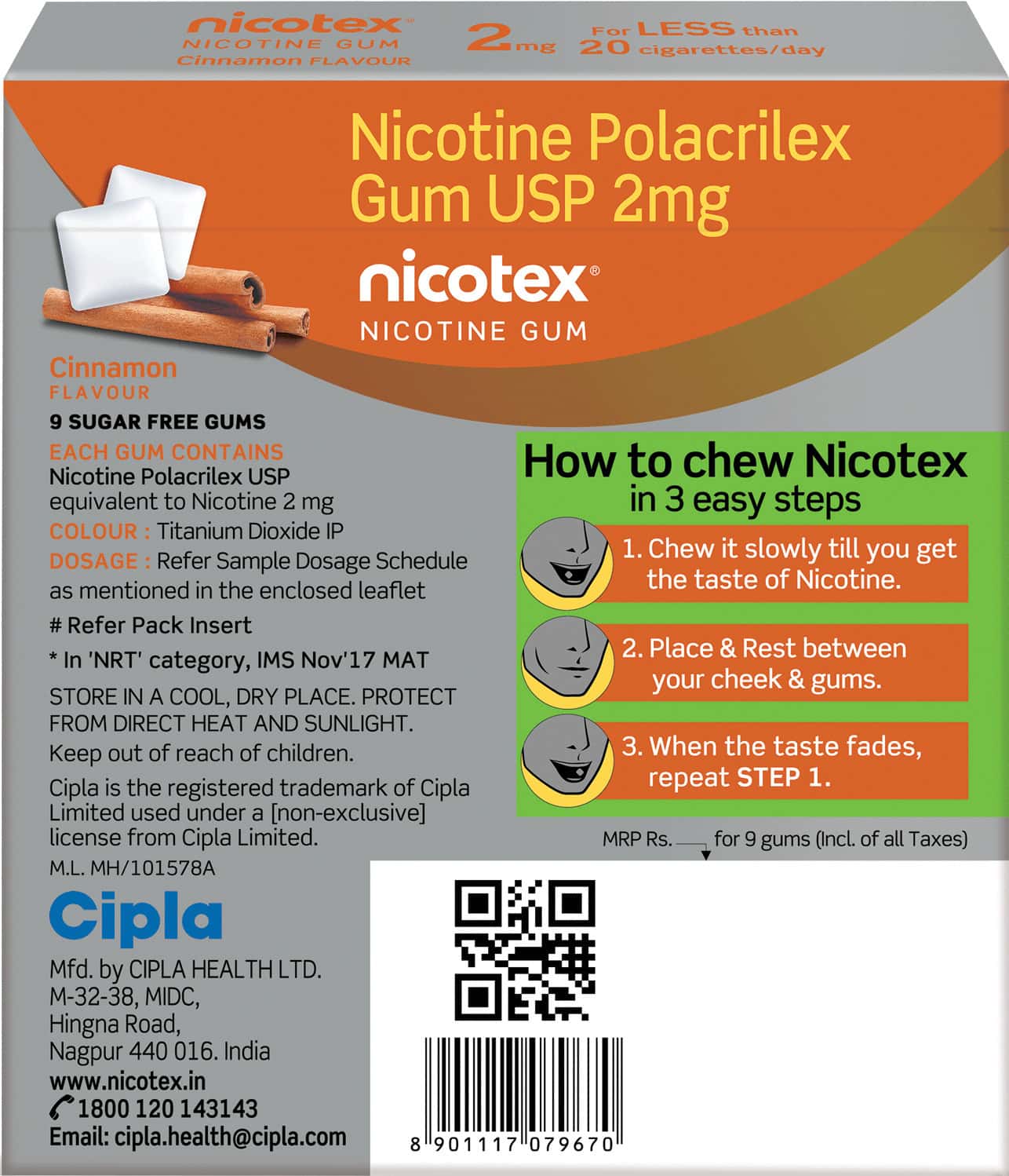 Buy NICOTEX 2MG CINNAMON GUMS SUGAR FREE STRIP OF 9 HELPS QUIT SMOKING