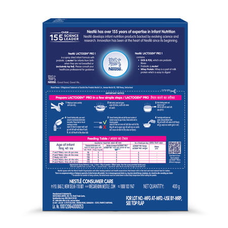 Nestle Lactogen Pro 1 Infant Formula Up To 6 Months With Probiotic And Prebiotics Box Of 400gm
