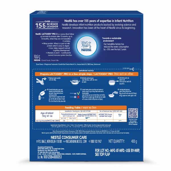 Nestle Lactogen Pro 3 Follow-Up Formula Powder After 12 Months Up To 18 Months Box Of 400Gm