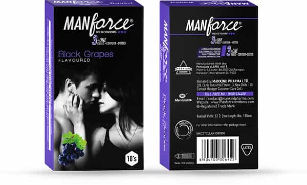 Manforce Xtasy 3In1 Double Contoured & Dotted Vegan Condoms For Men Black Grapes Flavour (10 Count)