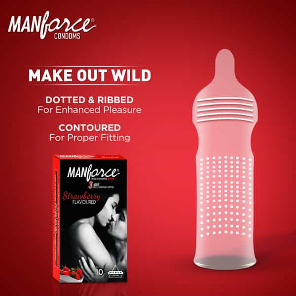 Manforce Xotic Extra Dotted Vegan Condoms For Men With 1500 Dots Strawberry Flavour (10 Counts)